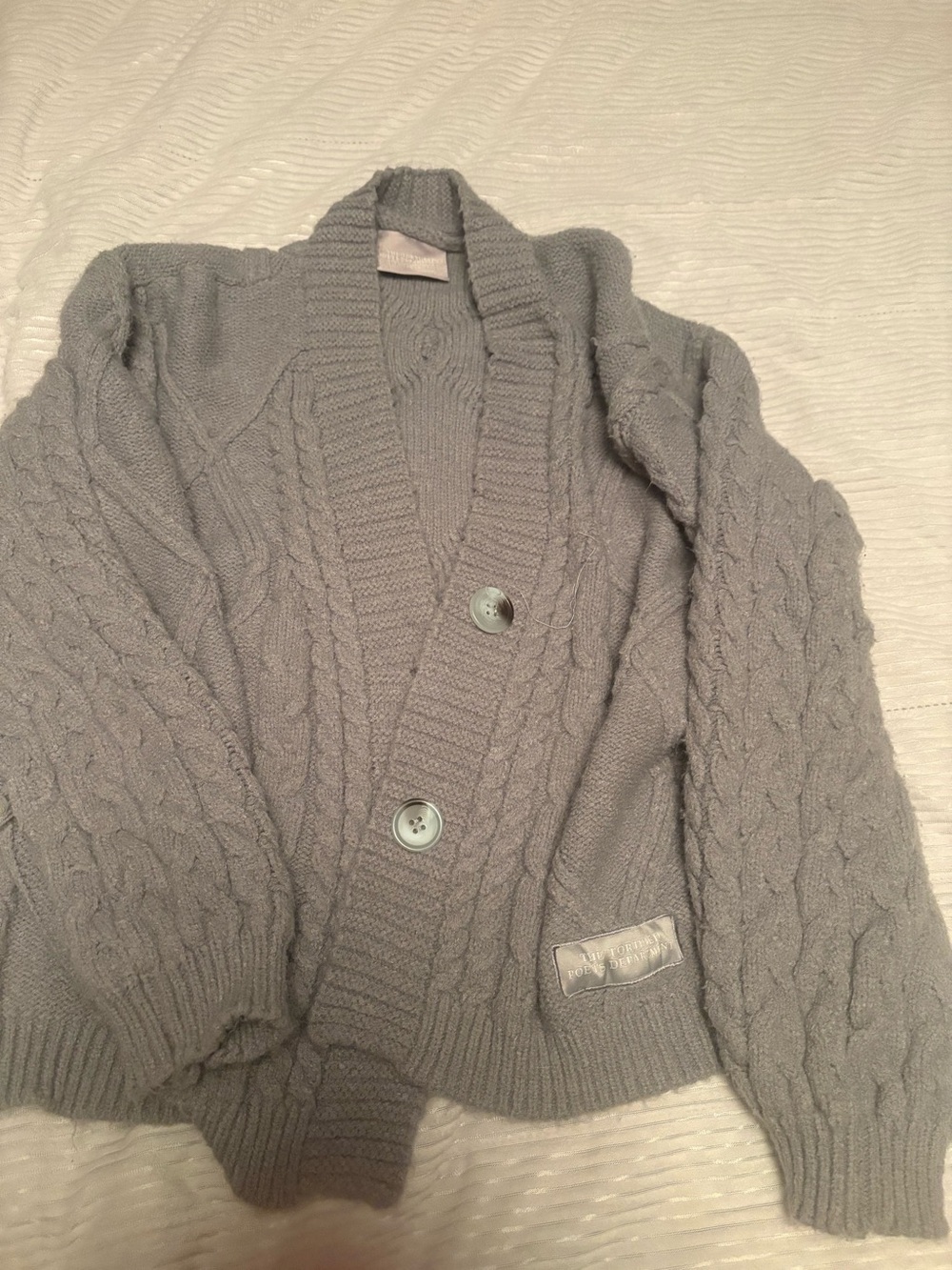 Taylor Swift Tortured Ports Department Cable Knit Cardigan in Light Gray